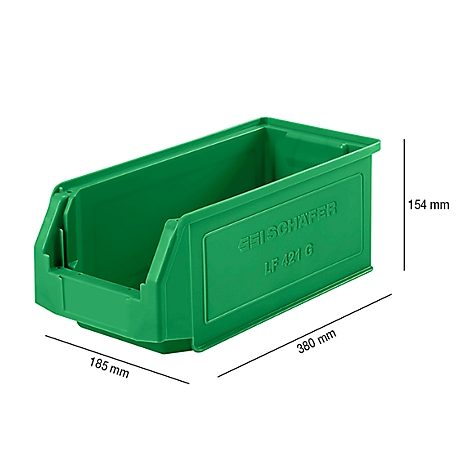 Grüne Kunststoff-Lagerbox mit den Maßen 185 mm x 380 mm x 154 mm. Aufschrift: GEISCHAFER LF 421 G.