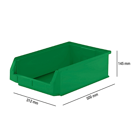 Grüne Lagerbox mit Maßangaben: 500mm x 312mm x 145mm.