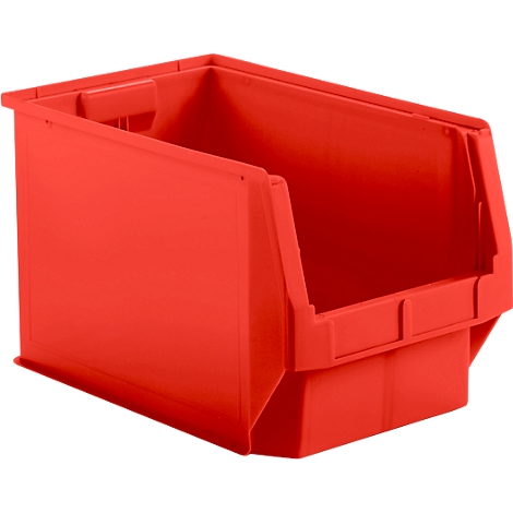 Eine leere, leuchtend rote Sichtlagerbox aus Kunststoff vor weißem Hintergrund.