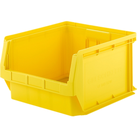Gelbe Kunststoffbox, offene Seite, rechteckige Form. Der Name des Herstellers ist auf der Seite eingraviert.