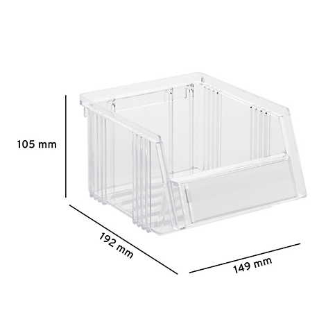 Transparente Stapelbox aus Kunststoff mit Maßangaben 105 mm, 192 mm und 149 mm.
