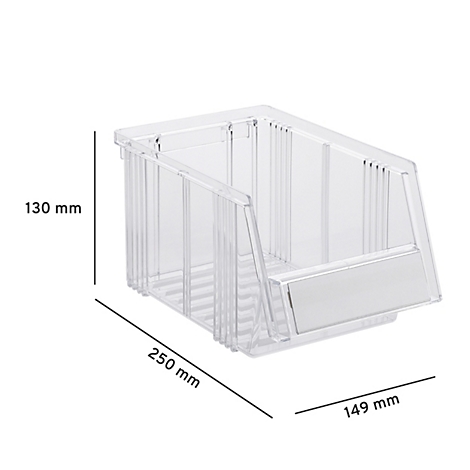 Transparente Sichtlagerbox mit Maßangaben von 250 mm Länge, 149 mm Breite und 130 mm Höhe.