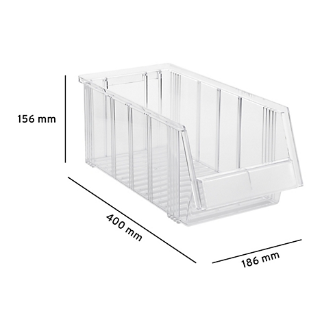 Durchsichtige Stapelbox mit Maßangaben 156 mm, 400 mm und 186 mm vor weißem Hintergrund.
