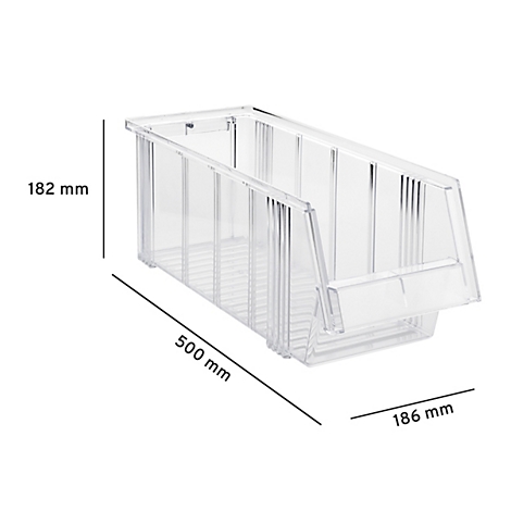 Transparente Sichtlagerbox mit Maßangaben 182 mm Höhe, 500 mm Länge und 186 mm Breite vor weißem Hintergrund.