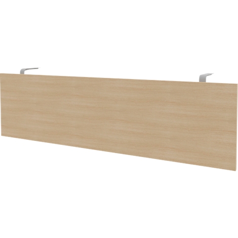 Holzplatte mit Halterung. Helle Holzmaserung. Zwei silberne Halterungen oben befestigt.