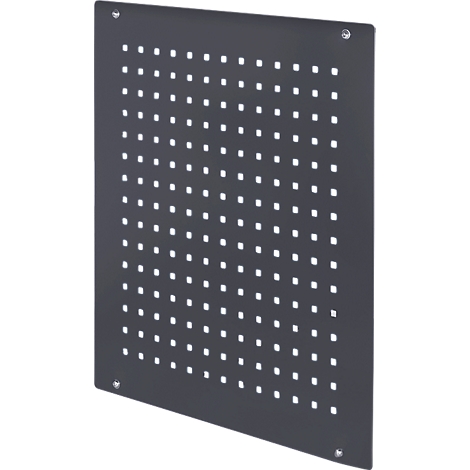 Dark gray metal plate with square cutouts, arranged in a row. Screws are located at the corners.