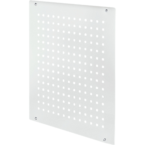 White, square panel with evenly spaced square holes. A screw is visible in each corner.