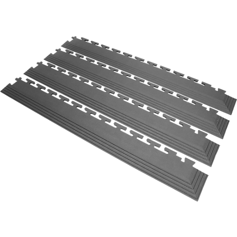 Gray interlocking floor mats on a white background. The mats have a ribbed surface.
