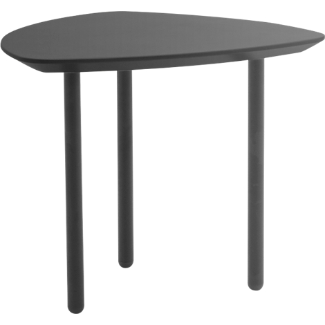 A three-legged gray side table with a rounded triangular tabletop.