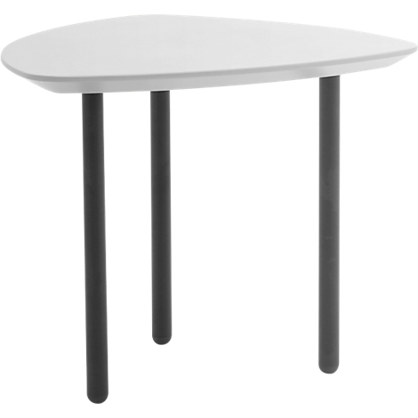A white, teardrop-shaped side table with three dark legs.
