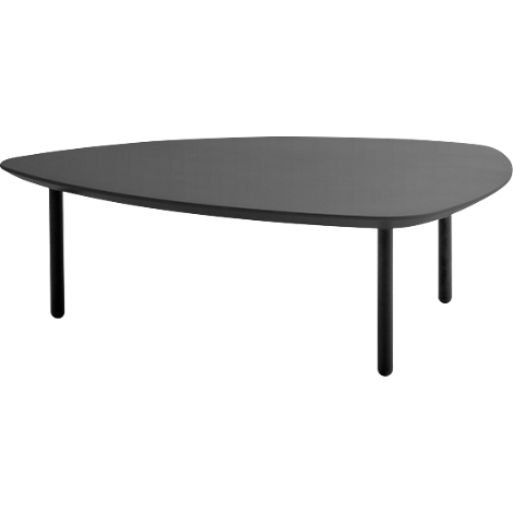 Triangular grey coffee table with black legs.