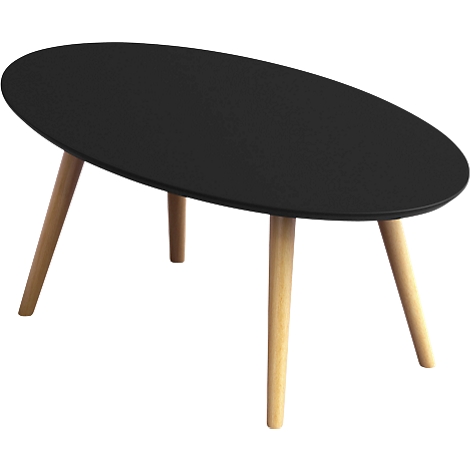 Black, oval coffee table with light wooden legs.