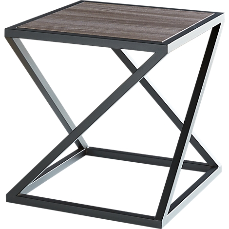 Side table with wood-look top and metal frame with crossed struts.