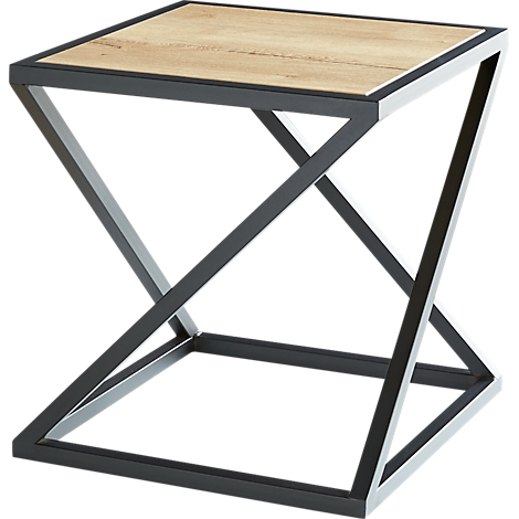 Square side table with wooden top and metal frame.