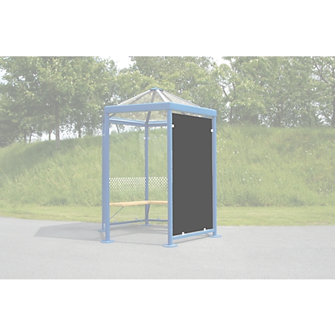 Blue bus shelter with glass roof, black back panel and wooden bench. Trees and grass in the background.
