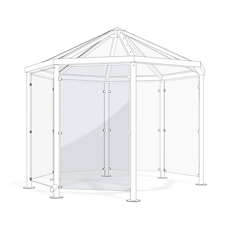 Hexagonal gazebo design. Transparent roof and walls, white frames on a light background.
