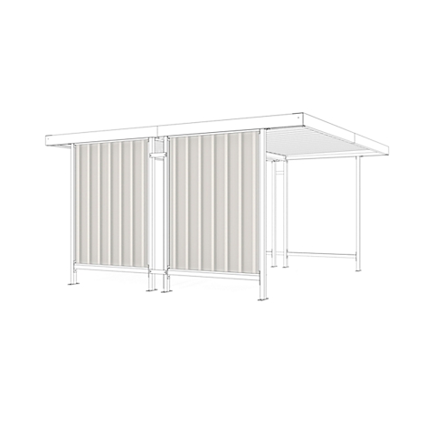 Structural drawing of a metal structure with corrugated elements, roof and posts.