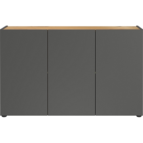 Buffet gris foncé avec trois portes et un plateau en bois.