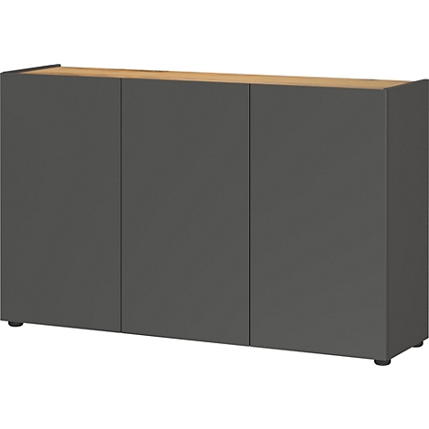 Buffet gris foncé à trois portes, dessus en bois clair. Pieds noirs.