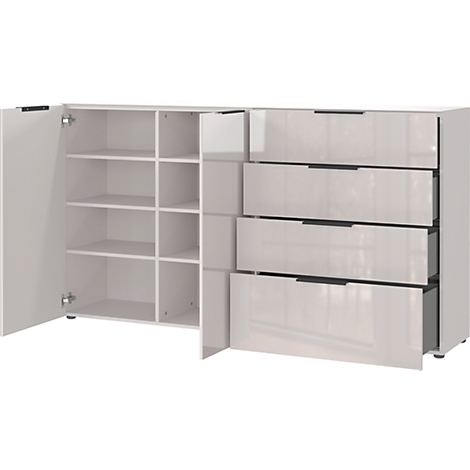 Weiße Kommode mit offenem Schrankfach, Regalen und Schubladen. Der Schrank ist teilweise geöffnet, um das Innere zu zeigen.
