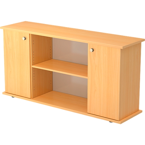 Wooden cabinet with two doors, an open compartment and a shelf.