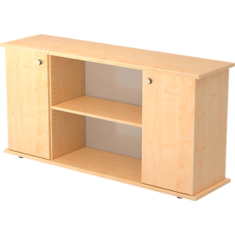 Light brown wooden cabinet with two doors, two shelves, and two handles.