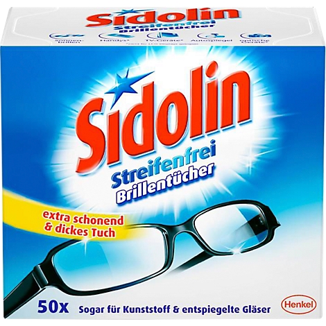 Blue and white box of glasses cleaning cloths. It reads "Sidolin", eyeglasses and text "extra gentle & thick cloth."