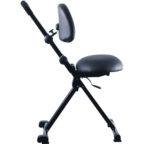 Chaise debout pliable noire avec dossier et assise réglables sur un cadre métallique en X.
