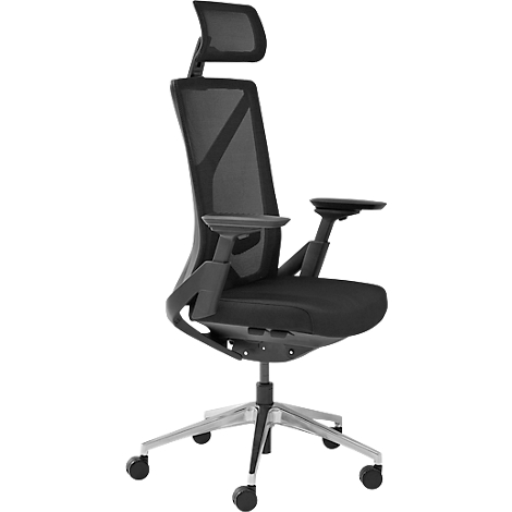 Chaise de bureau noire avec appui-tête, accoudoirs et roulettes, sur fond blanc.