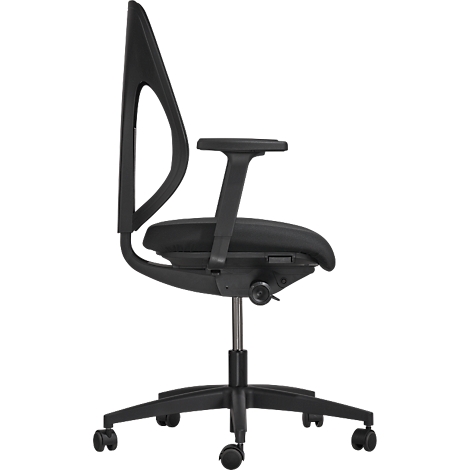 Chaise de bureau noire. Haut dossier avec découpe, accoudoirs, base pivotante avec roulettes. Vue détaillée de côté.