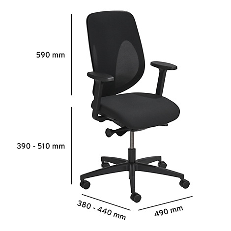 Chaise de bureau noire avec dimensions: 590 mm de hauteur, 390-510 mm hauteur d'assise, 380-440 mm de largeur, 490 mm de profondeur.
