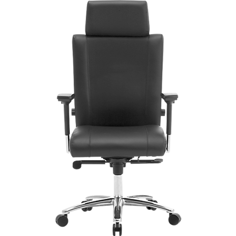 Chaise de bureau noire, vue arrière. Dossier haut, rembourré, accoudoirs. Cadre chromé avec roulettes.