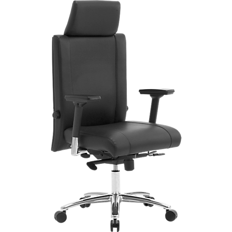 Chaise de bureau noire avec dossier haut, appui-tête, accoudoirs et base argentée.