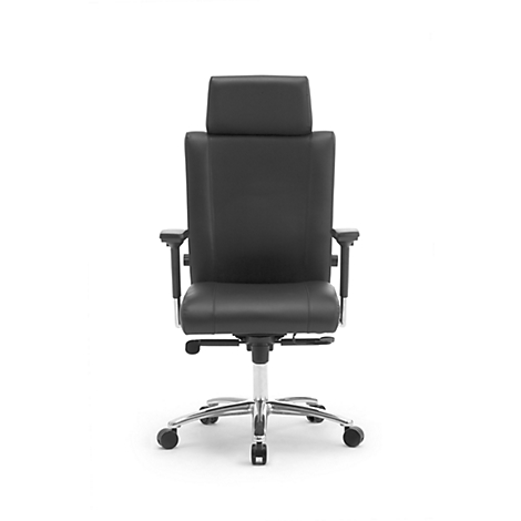 Chaise de bureau noire avec dossier haut et appuie-tête, cadre chromé, vue de dos.