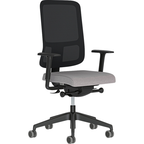 Chaise de bureau avec dossier noir et assise grise. La chaise a des accoudoirs et repose sur des roulettes.