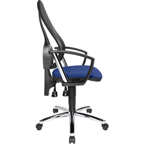 Siège de bureau Point Net Topstar, à contact permanent, avec accoudoirs, dossier en filet réglable, bleu