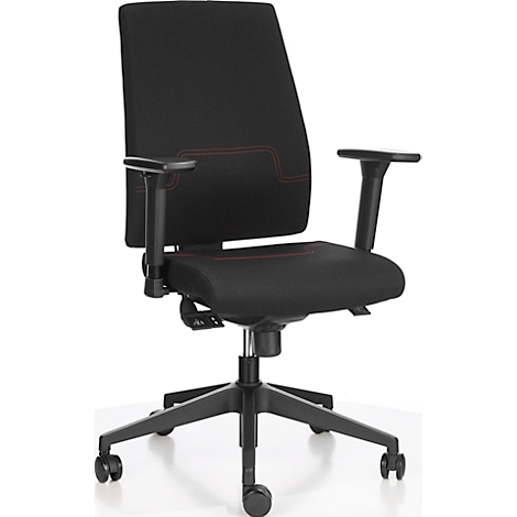 Chaise de bureau noire, rembourrée avec des coutures décoratives rouges. Sur roulettes, accoudoirs et réglable en hauteur.