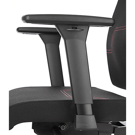 Gros plan sur l'accoudoir d'une chaise de bureau. L'accoudoir est noir, avec une couture rouge au dos.