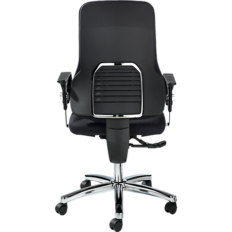 Chaise de bureau vue de dos avec dossier noir, support lombaire intégré et piètement chromé.