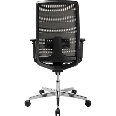 Chaise de bureau, vue arrière. Dossier en maille noire, accoudoirs, base chromée et roulettes.