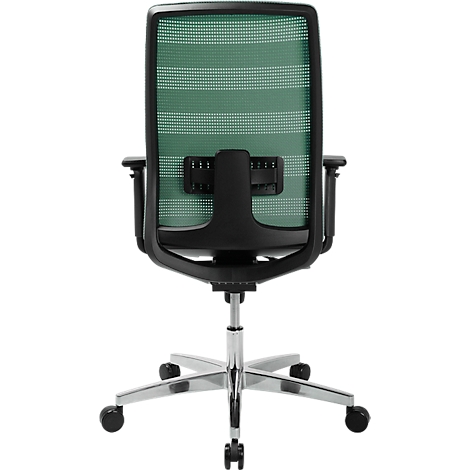 Vue arrière d'une chaise de bureau avec dossier en filet vert, cadre noir et pieds chromés. Roulettes noires.