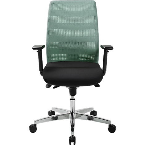 Chaise de bureau avec dossier en maille verte et assise noire. Elle a des accoudoirs, un cadre chromé et des roulettes.