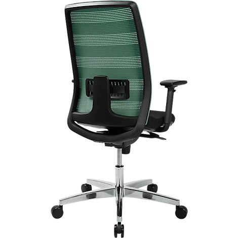 Chaise de bureau avec dossier en filet vert, accoudoirs noirs et base chromée.