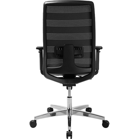 Chaise de bureau noire, vue arrière. La chaise a un dossier en maille, des accoudoirs et une base argentée avec roulettes.