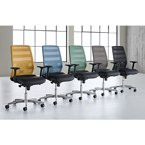 Cinq chaises de bureau avec dossiers en filet colorés devant des fenêtres. Les chaises sont sur roulettes et ont des sièges noirs.