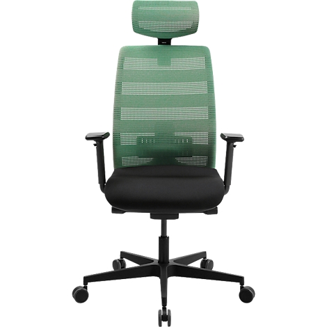 Chaise de bureau avec dossier en filet vert, assise et accoudoirs noirs. Cadre noir, cinq roulettes. Appui-tête réglable.