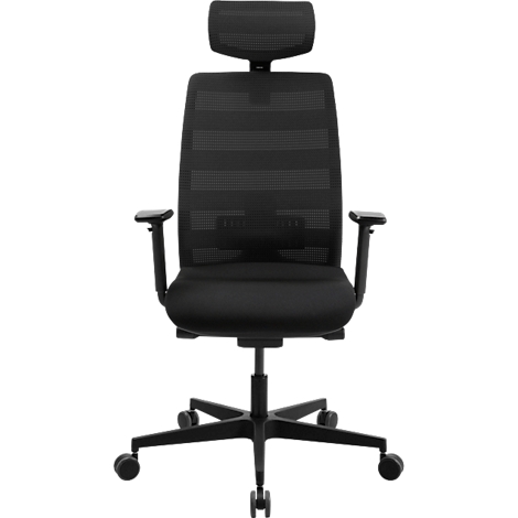 Chaise de bureau noire avec dossier en maille, appui-tête et roulettes.