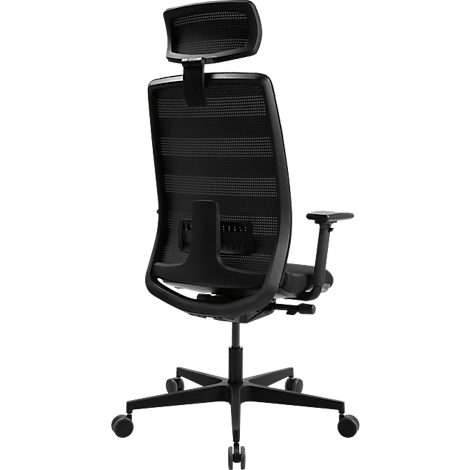 Chaise de bureau noire vue de dos. Appuie-tête, dossier en mesh, accoudoirs, assise, piètement et roulettes.