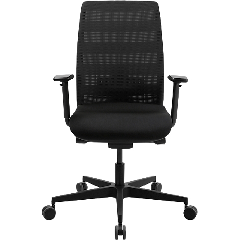 Chaise de bureau noire sur fond neutre. Elle est dotée d'un dossier en maille, d'accoudoirs et de roulettes.