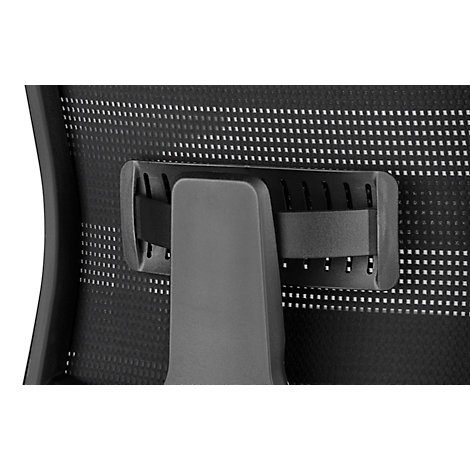 Gros plan d'un dossier de chaise de bureau noir. Un élément de support lombaire réglable est visible.